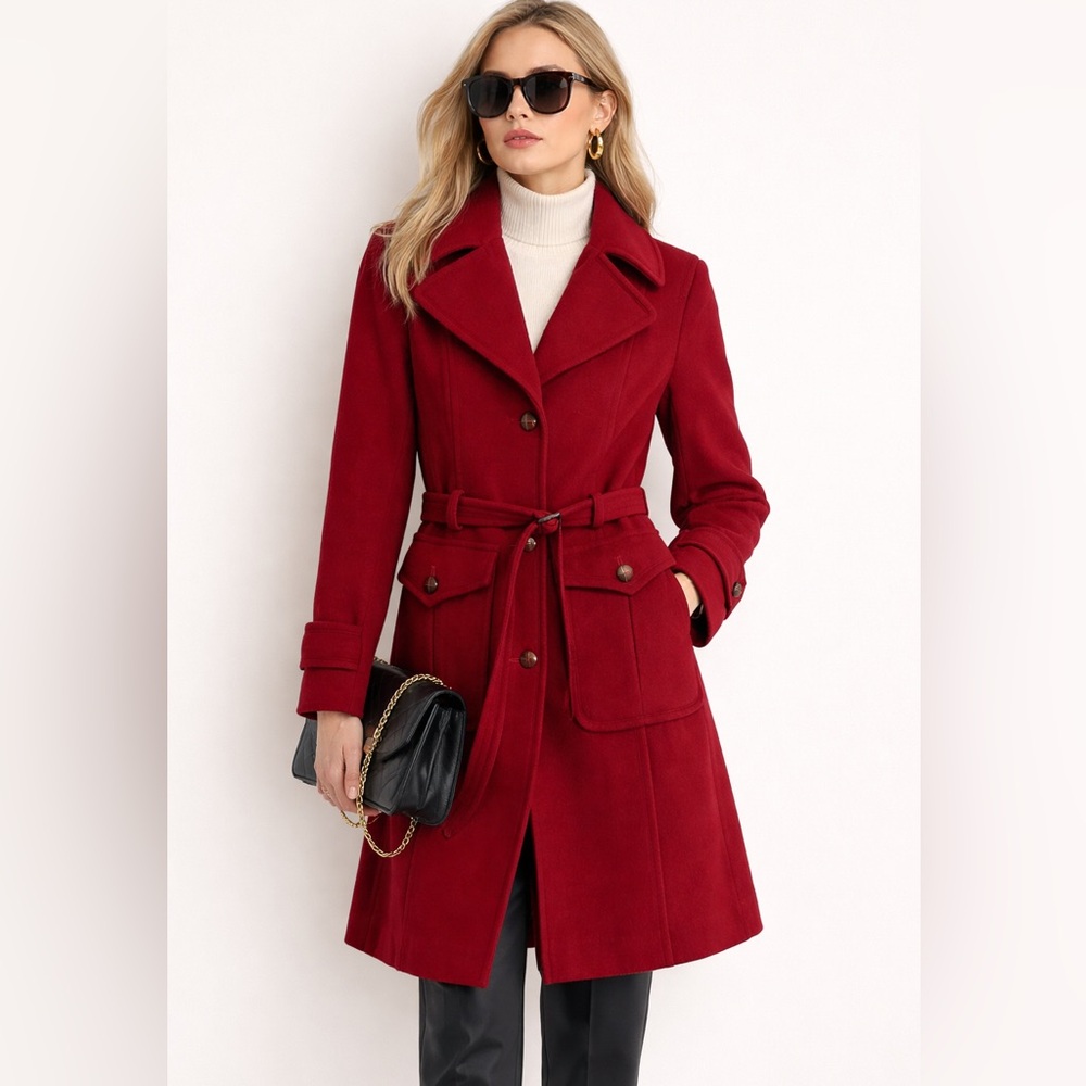 DKNY Burgundy Wool-Cashmere Blend Belted Coat Tailored Fit Classic Winter Chic‎